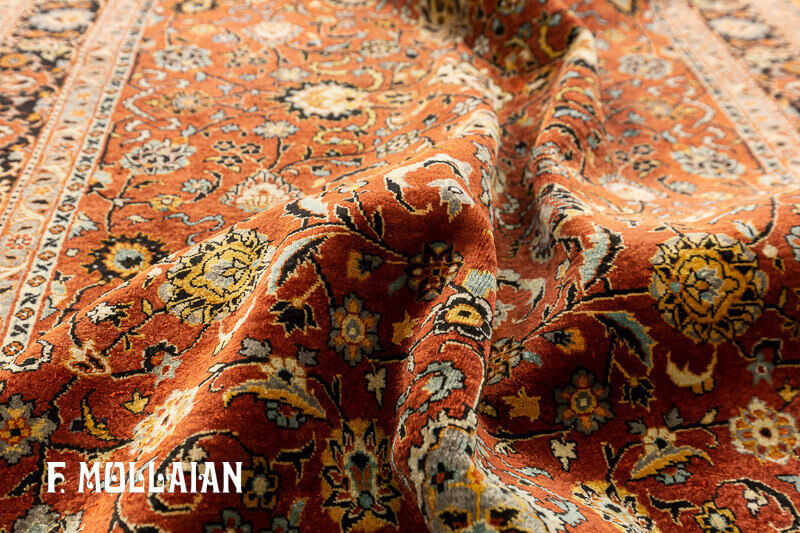 فرش کم نظیر ابریشمی آنتیک هندی کشمیر با رنگ بژ کد:۶۵۳۶۰۹۴۴